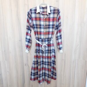 VTG Romance Plaid Button Down Midi Shirt Dress Size L Americana Preppy Academia